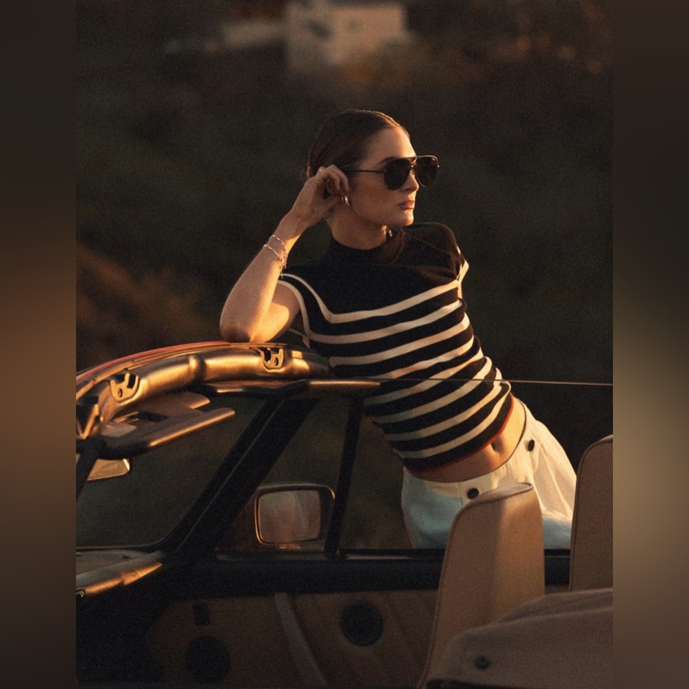 Anthropologie Maeve Black and White Striped Mock Neck Sweater Tee, Size XXS